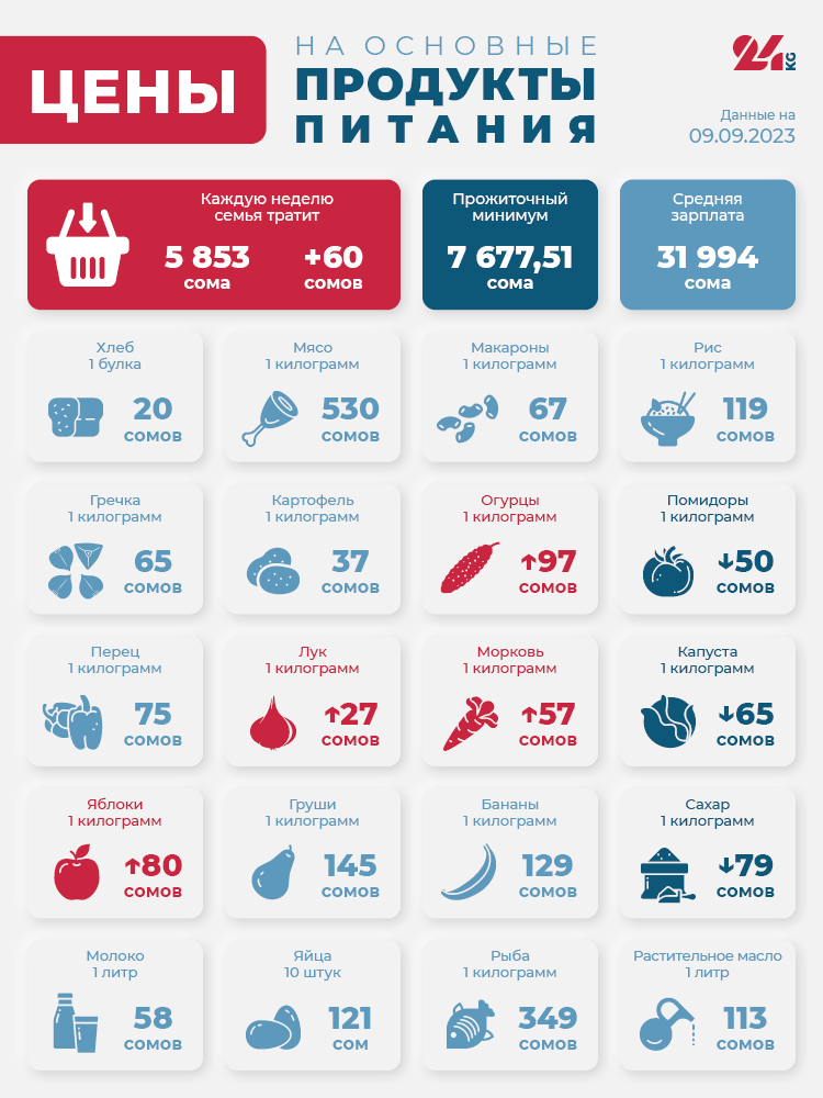 Продуктовая корзина Бишкека на 9 сентября. Сколько денег семья тратит на еду