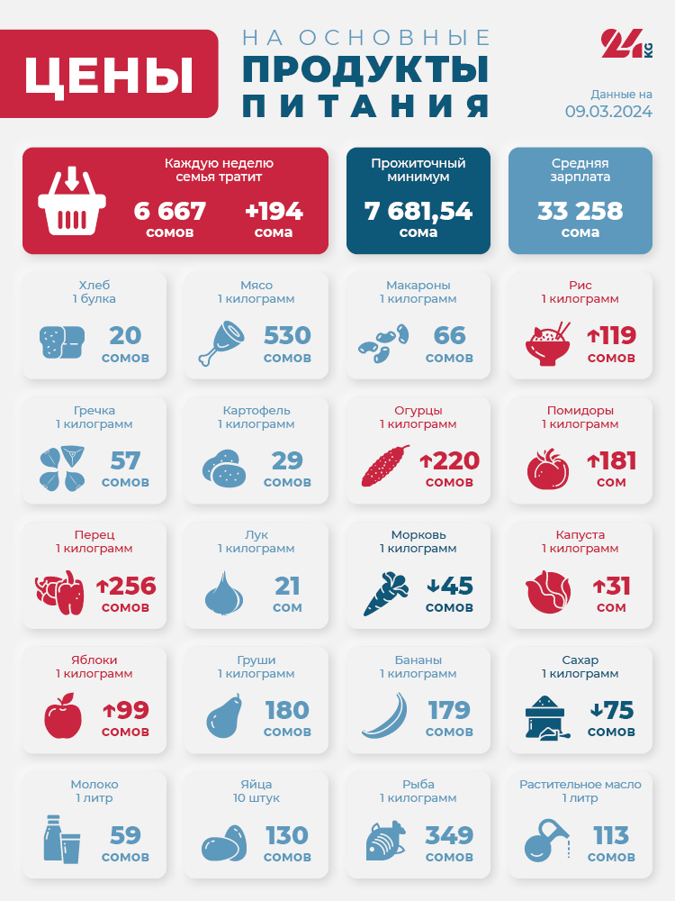Продуктовая корзина Бишкека на 9 марта. Сильно подорожали огурцы и помидоры