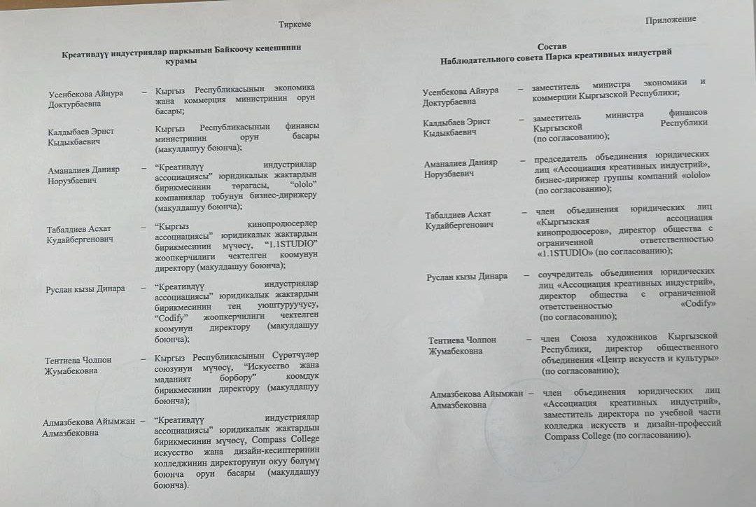 Фото Данияра Аманалиева. Распоряжение кабмина о наблюдательном совете Парка креативных индустрий