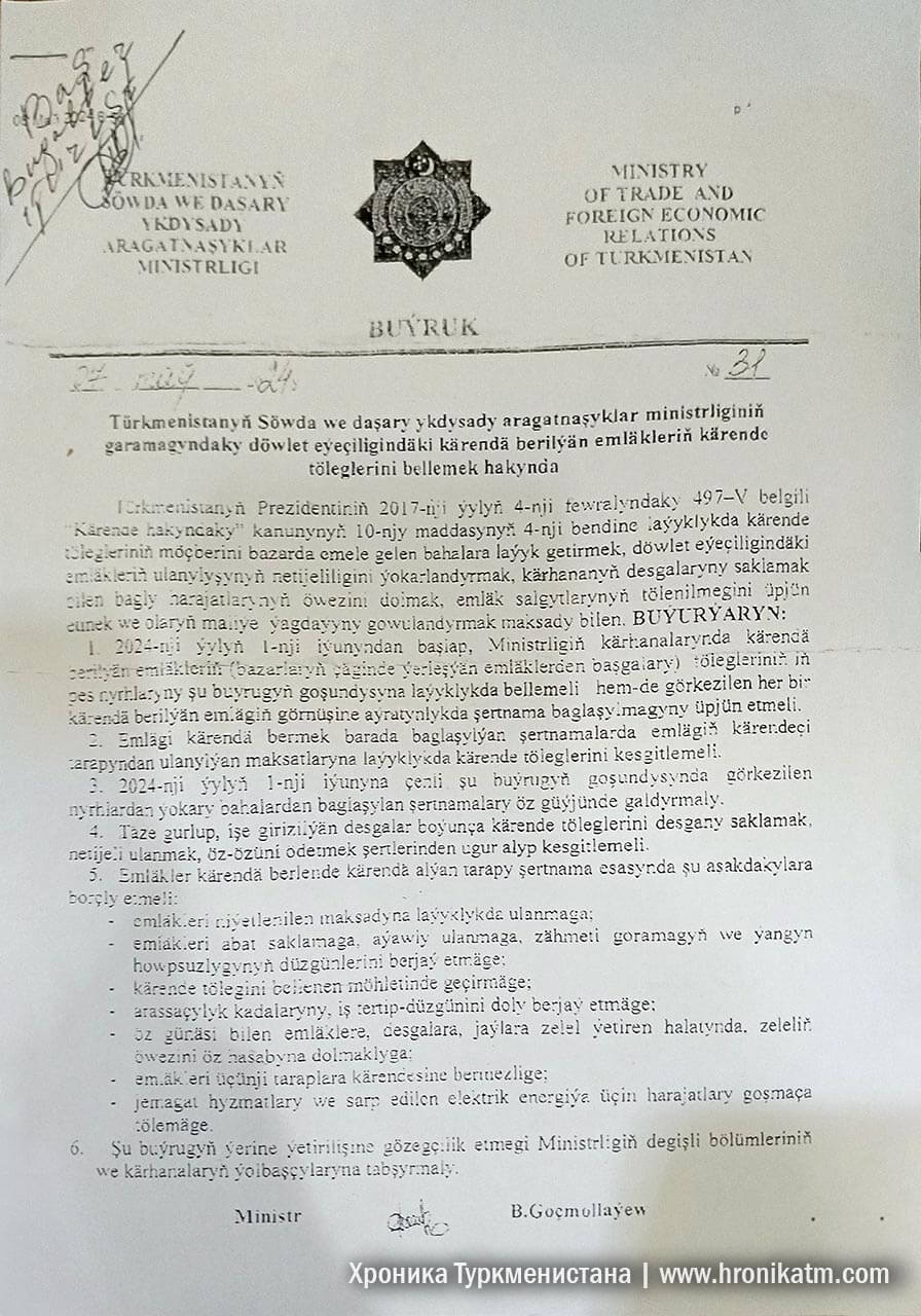 Туркменистане в 5 раз увеличится стоимость аренды подвальных помещений для предпринимателей