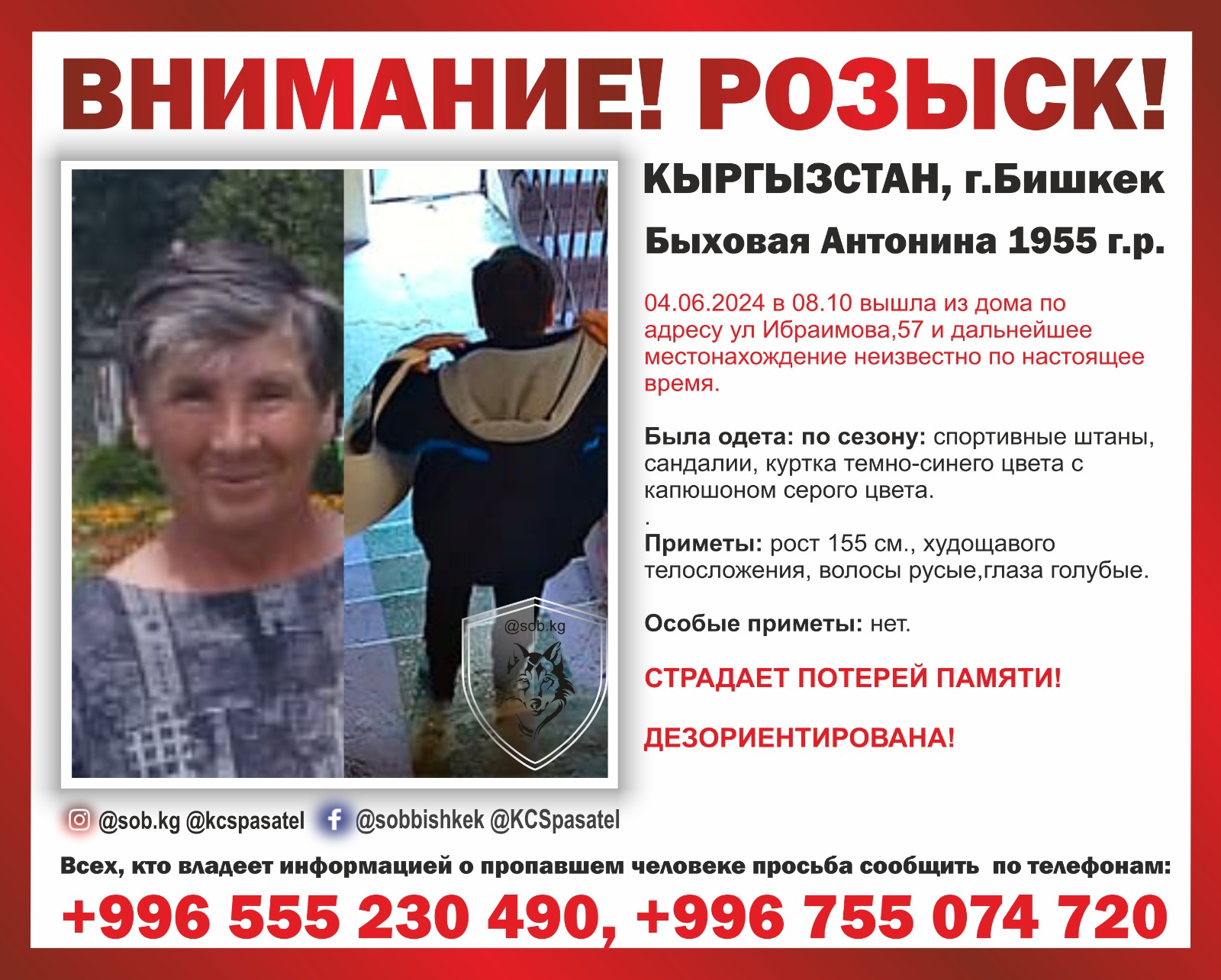Страдает потерей памяти. В Бишкеке пропала пенсионерка