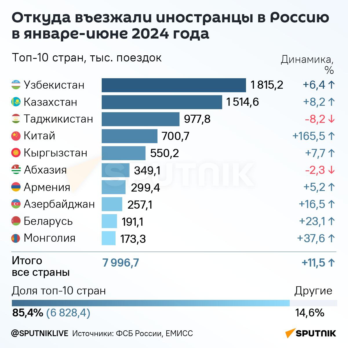 Кыргызстан оказался в пятерке стран СНГ, которые чаще всего ездили в Россию