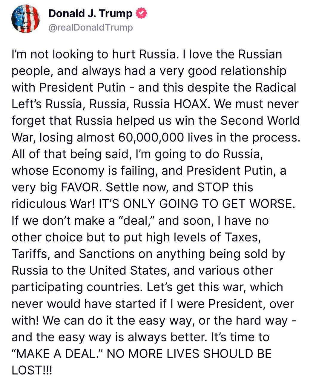 «Я люблю русский народ». Дональд Трамп написал обращение к народу РФ